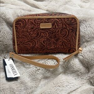 Consuela Embossed Floral Wristlet in Rich Brown